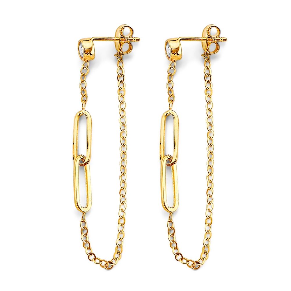14KT CZ Paperclip and Link Chain Hanging Earrings